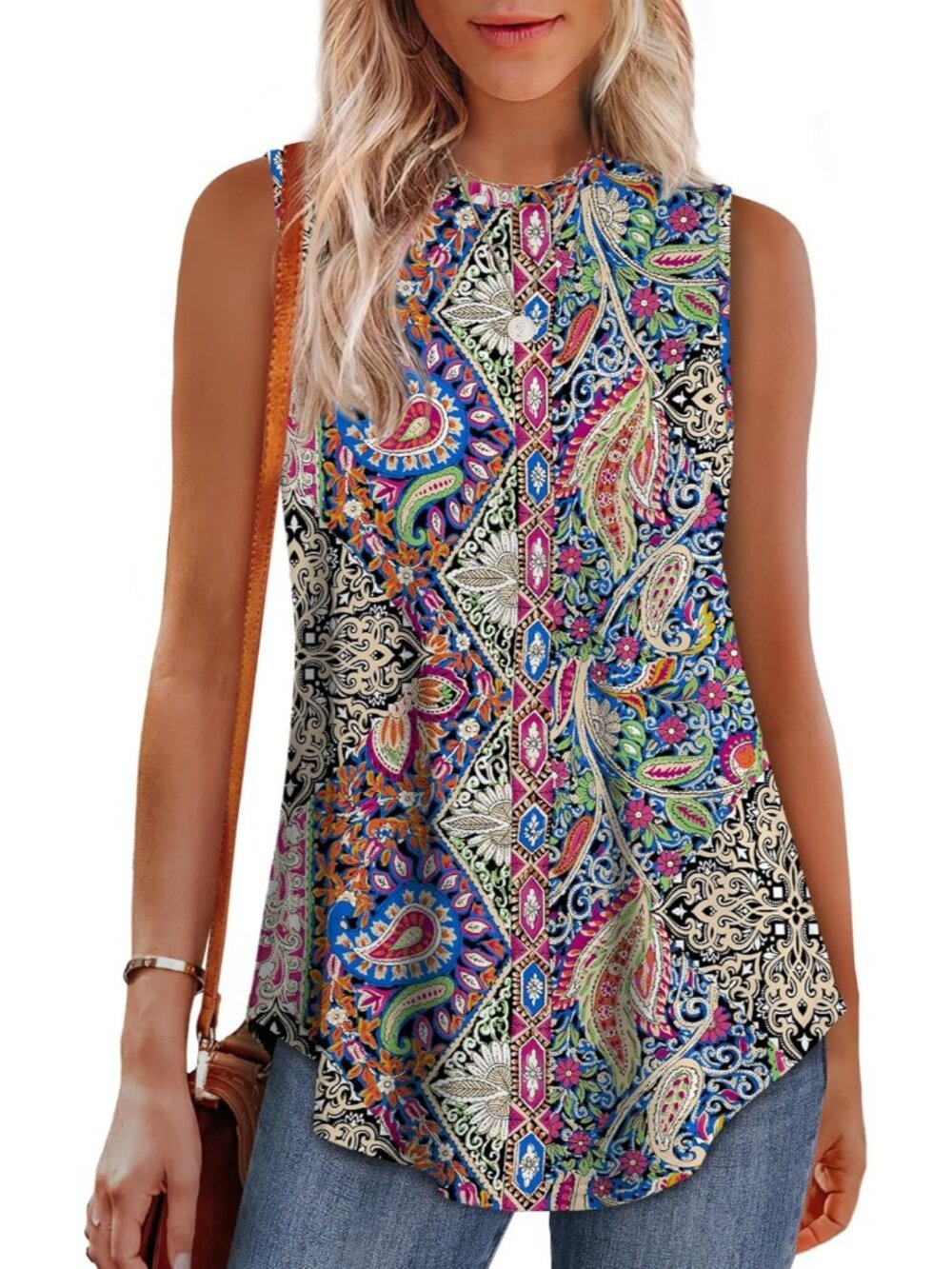 Women's Navy Red High Neck Tank Loose Sleeveless Casual Wear Summer Tunic Tops